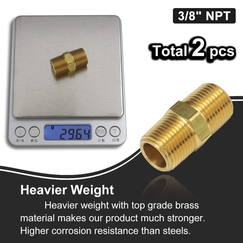 boeray 2pcs 3/8" to 3/8" NPT Male Thread Brass Straight Hex Nipple Fast Coupler Pipe Hose Fitting 3/8 inch x 3/8 inch Straight Fitting - Image 5